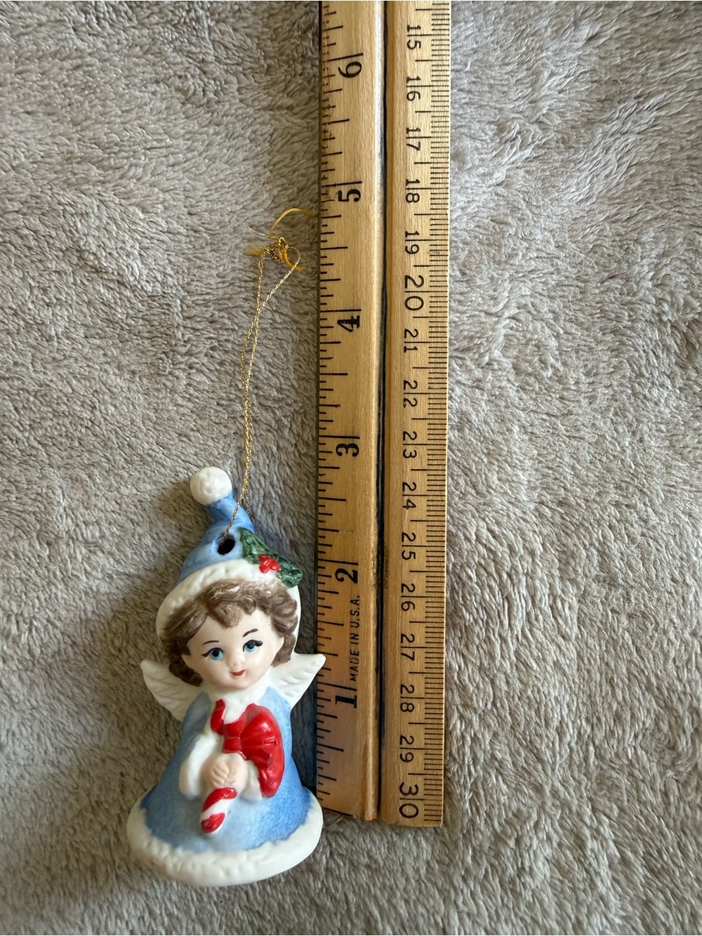 Vintage Blue Christmas Angel Bell Ornament - Painted Porcelain Christmas Decor